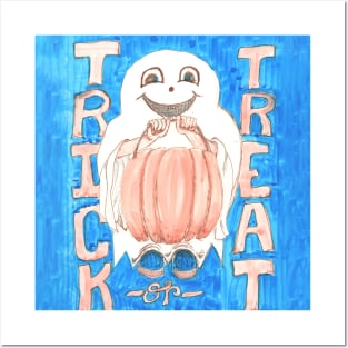 Trick or Treat Ghosty with Pumpkin Pail on Blue Background Posters and Art